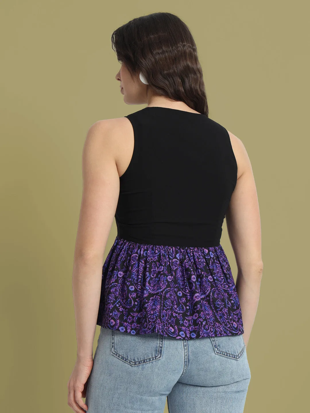 Women Floral Printed Purple & Black Peplum Top