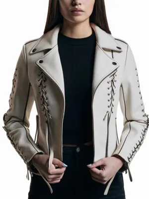 Women’s White Laces Sprinkles Leather Motorcycle Jacket